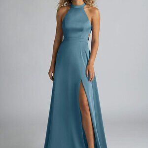 Azazie Clarice Bermuda Blue A‑Line Stretch Satin Floor‑Length Dress Size 12